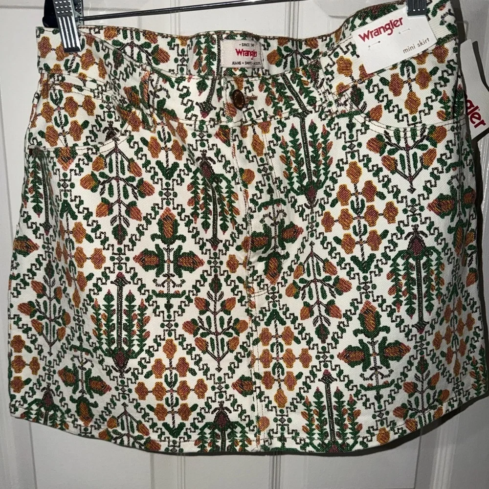 Wrangler Floral Printed Denim Mini Skirt Boho Western High Rise Women size 12 - Picture 3 of 6